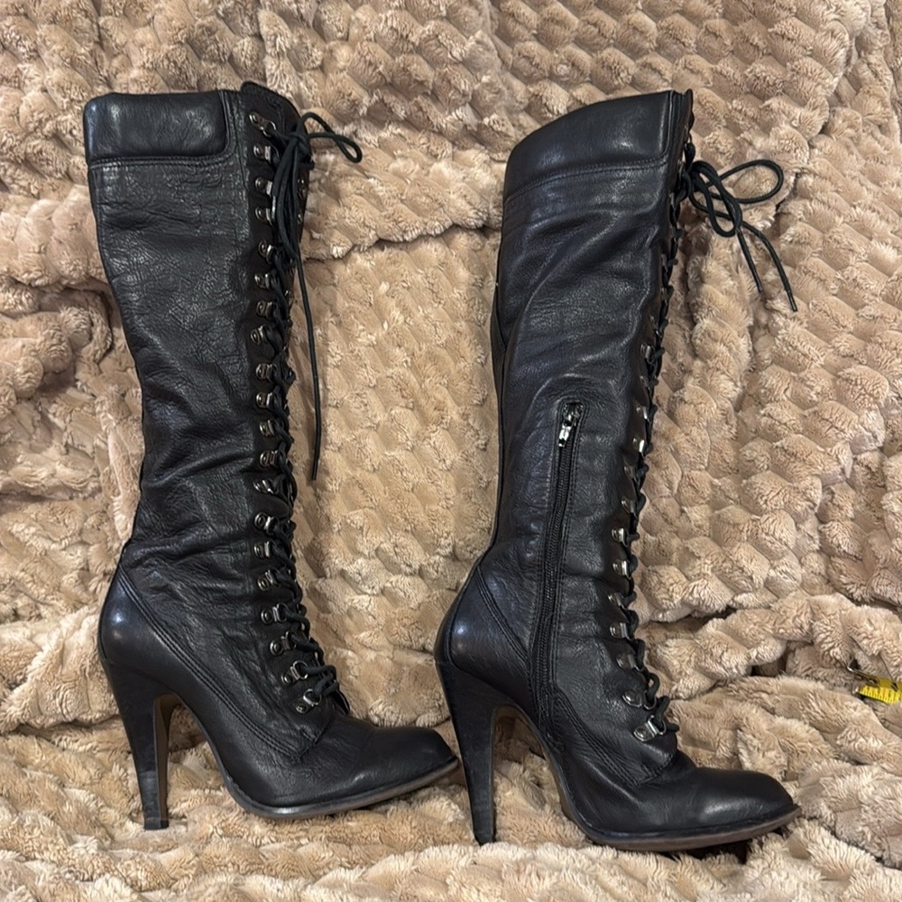 ALDO black genuine leather lace up high heel boots